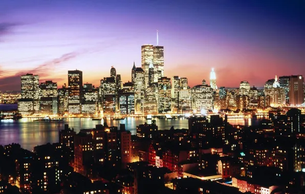 Картинка ночь, город, огни, река, обои, небоскребы, нью-йорк, wallpapers