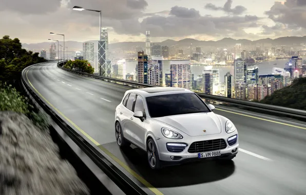 Дорога, город, Porsche, порш, Porsche Cayenne, небоскрёбы, кайен, поршкайен