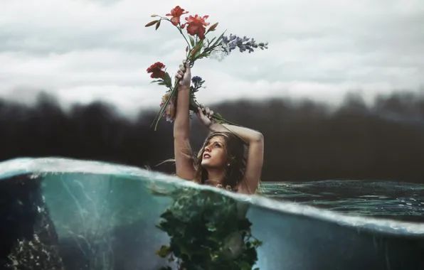 Картинка вода, девушка, цветы