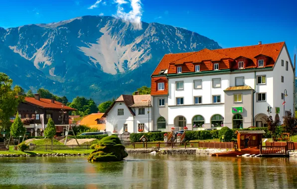 Горы, озеро, дом, здание, Австрия, Альпы, фонтан, Austria