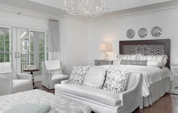 Белый, дизайн, стиль, диван, кровать, кресла, зеркала, спальня