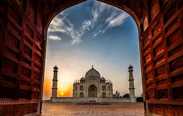 Картинка рассвет, Индия, Тадж-Махал, мечеть, мавзолей, Агра, Taj Mahal, Agra