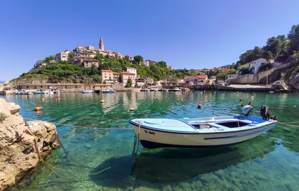 Картинка лодка, здания, дома, бухта, холм, Хорватия, Croatia, Адриатическое море