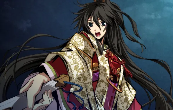 Картинка лицо, оружие, фон, меч, аниме, Kajiri Kamui Kagura, глаза. длинные волосы