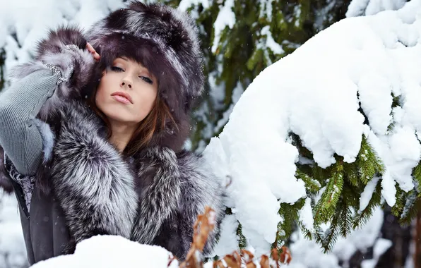 Картинка зима, взгляд, девушка, снег, шапка, елка, губы