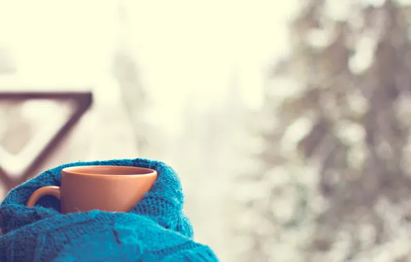 Шарф, чашка, hot, winter, snow, cup, coffee