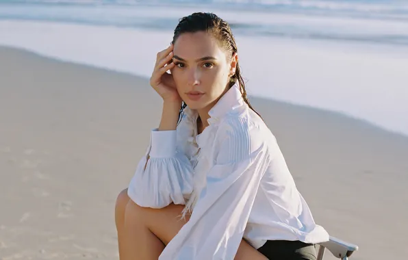 Картинка море, взгляд, девушка, берег, актриса, красотка, Gal Gadot