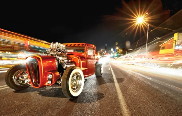 Red, wheels, road, hot rod, tuning, night, retro, power