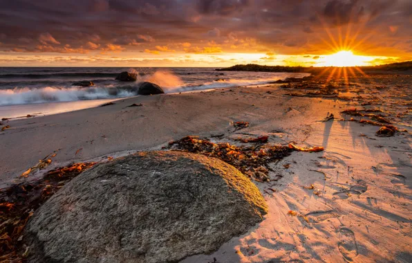Песок, закат, следы, побережье, Норвегия, Rogaland