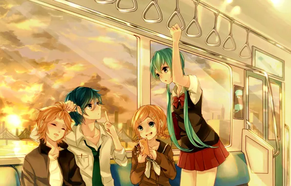 Картинка Kagamine Len, Vocaloid, арт, парни, поезд, солнце, облака, мост, вокалоид, телефон, Hatsune Miku, школьники, Sweettimehappy, …