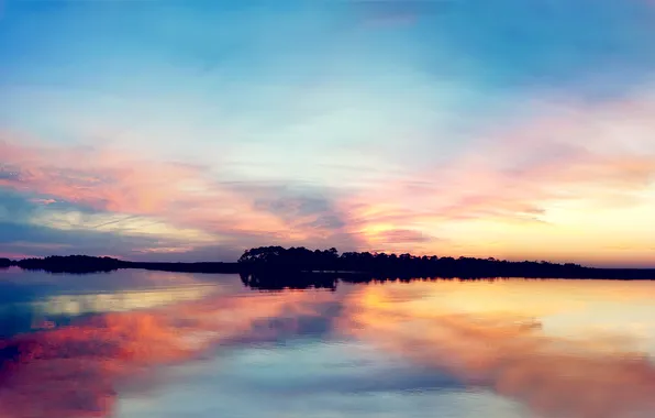 Вода, закат, озеро, гладь, берег