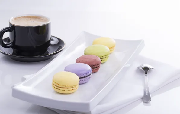 Кофе, печенье, тарелка, десерт, macaron, миндальное