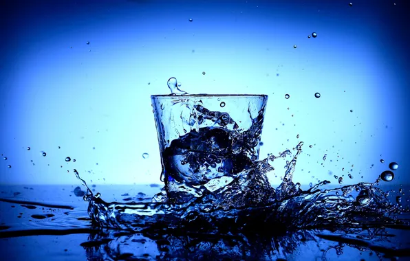 Вода, капли, брызги, стакан, синева, всплеск