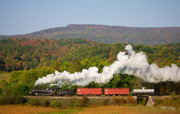 Картинка осень, пейзаж, ретро, паровоз, железная дорога, steam