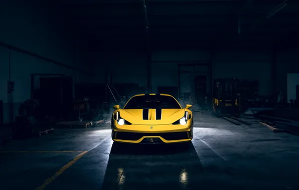 Картинка Dark, Light, Ferrari, 458, Front, Yellow, Supercar, Speciale