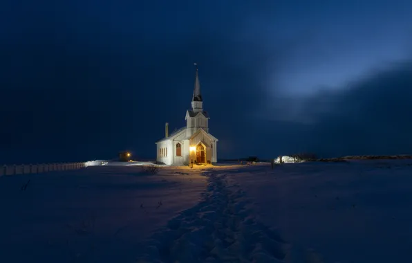 Картинка снег, вечер, Норвегия, церковь, Finnmark