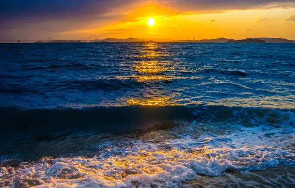 Картинка море, волны, закат, природа, зарево