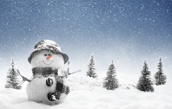 Картинка зима, снег, деревья, пейзаж, природа, snowman