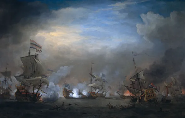 Масло, картина, холст, Виллем ван де Велде Младший, Willem van de Velde II, 1707, Ночной …