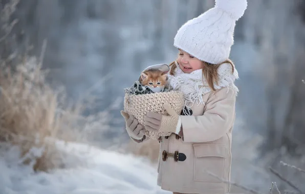 Зима, снег, счастье, котенок, девочка