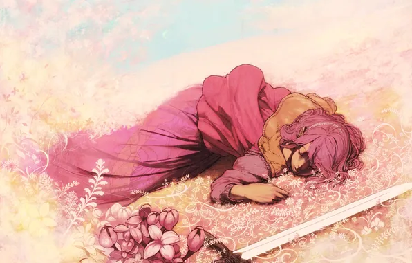 Картинка девушка, цветы, меч, арт, лежит, kio naoki