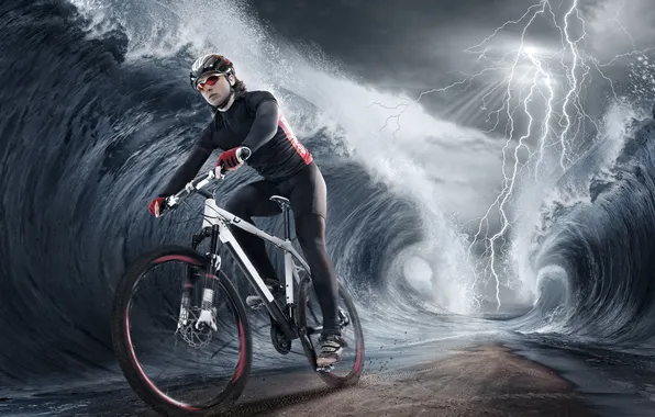 Картинка волны, велосипед, молния, спортсмен