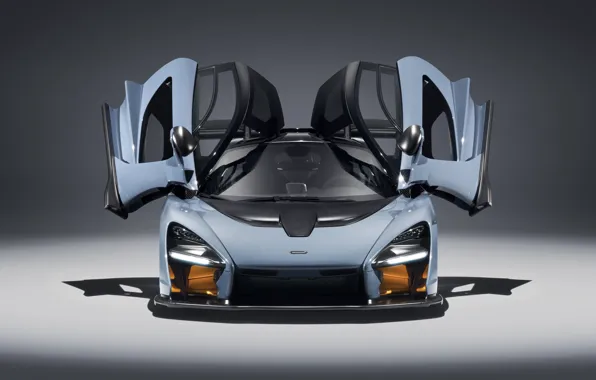 McLaren, суперкар, вид спереди, 2018, Senna, Victory Grey