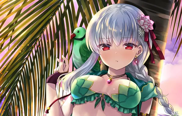 Girl, sexy, cleavage, beach, flower, long hair, boobs, anime