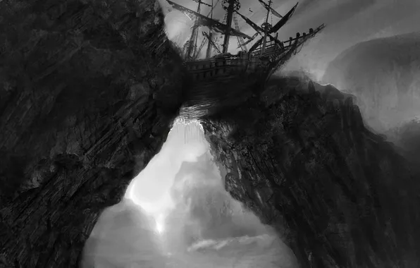 Скалы, черно-белый, корабль, арт, монохромный, Dark Souls II