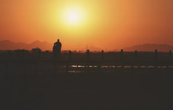 Summer, mountains, sunny, father, son, silhouettes