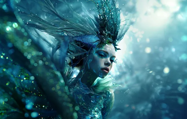 Море, вода, девушка, русалка, фэнтези, под водой, в воде, боке