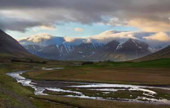 Картинка облака, горы, река, долина, Исландия