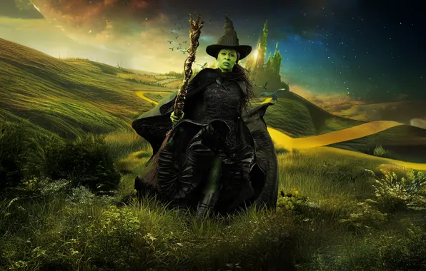 Замок, шляпа, луг, посох, ведьма, зелёная кожа, Wicked: Part One, Злая: Часть первая