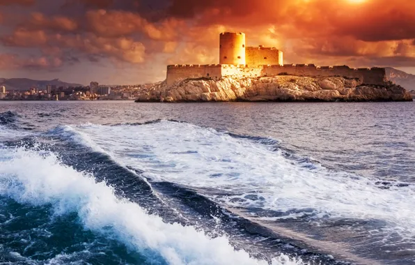 Море, волны, рассвет, Франция, крепость, France, Sea, Monte-Cristo