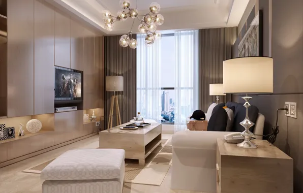 Лампы, комната, окно, шторы, LIVING AREA