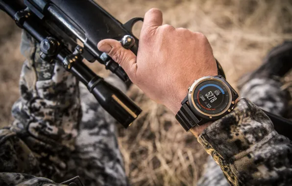 Rifle, Smartwatch, camouflage clothing