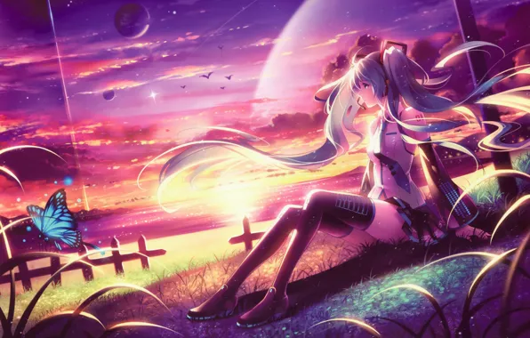 Бабочки, мечты, закат, птицы, планеты, аниме, Hatsune Miku, Vocaloid