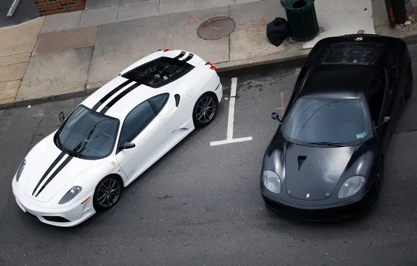 Картинка белый, полосы, Ferrari, вид сверху, авто обои, f430 черный