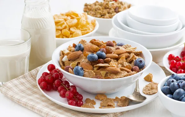 Картинка ягоды, завтрак, молоко, орехи, смородина, миндаль, хлопья, голубика