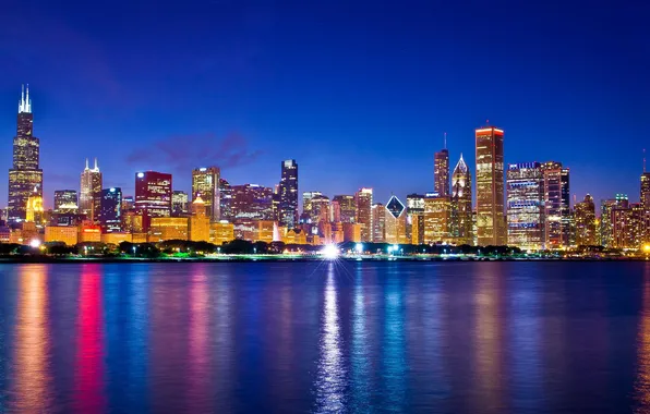 Картинка ночь, огни, небоскребы, Чикаго, USA, Chicago, мегаполис, illinois