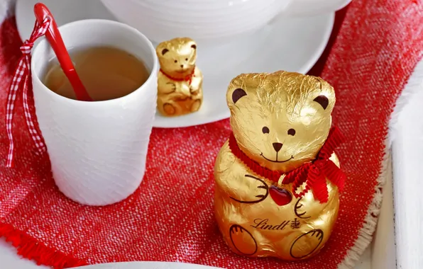Чай, сердце, шоколад, медведь, bear, heart, cup, chocolate