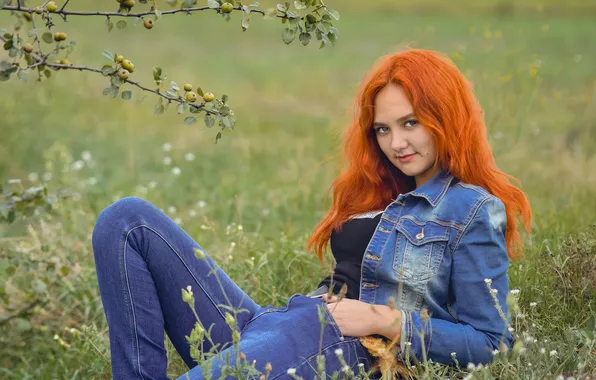 Взгляд, девушка, природа, поза, рыжая