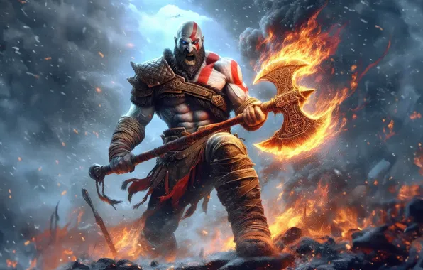 Axe, fire, flame, sword, god of war, weapon, kratos, sony