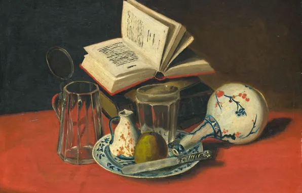 Картинка стол, картина, тарелка, нож, книга, Натюрморт, J. de Clercq