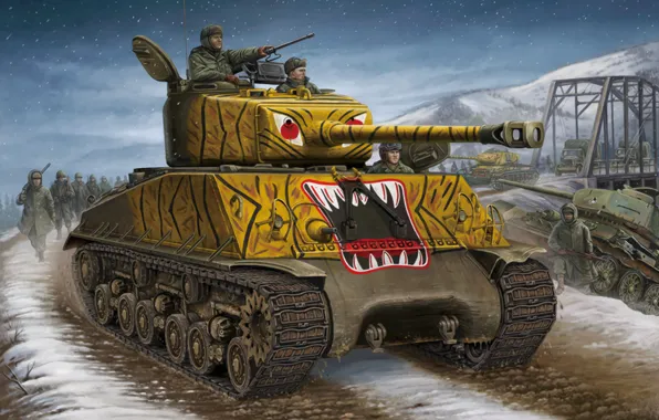 War, art, painting, tank, m4a3 Sherman