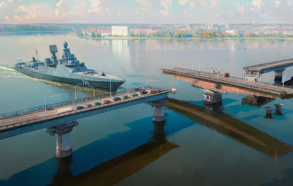 Море, Мост, Корабль, Машины, Арт, Николаев, День России, Новые территории России