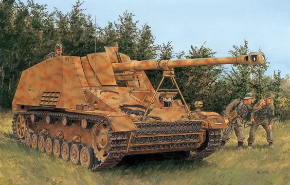 Рисунок, шершень, носорог, вермахт, Ron Volstad, ПТ САУ, Hornisse, самоходная артиллерийская установка