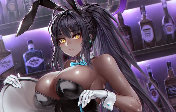 Girl, sexy, wet, cleavage, long hair, boobs, animal ears, anime