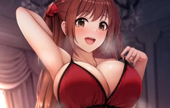 Girl, sexy, cleavage, blouse, long hair, brown hair, brown eyes, boobs