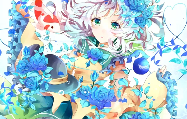 Картинка девушка, цветы, розы, рыба, шляпа, арт, touhou, komeiji koishi